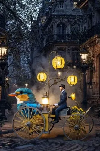 A man in a polo suit, with a clockwork behind him, sitting on a simple mechanical car from the 19th century. The head of the car is a simulated kingfisher's body. The car has some mechanical devices, 