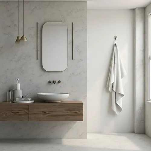 Create a design rendering of a modern bathroom featuring a wall-mounted hook for towels. The hook is sleek and minimalist, made of brushed stainless steel, placed near the shower area. Ensure the hook