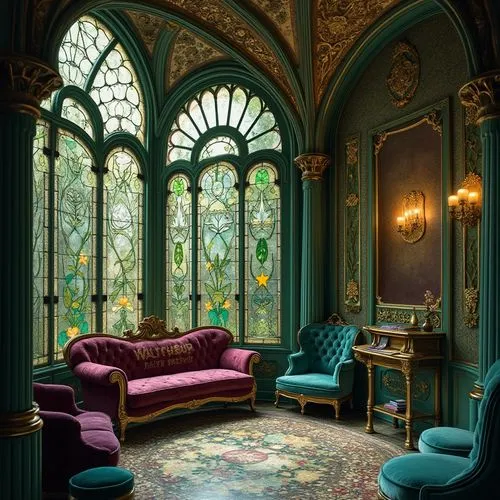 Elegant Art Nouveau architecture, flowing organic lines, sinuous curves, ornate metalwork, stained glass windows, intricate mosaics, luxurious fabrics, rich velvet textures, jewel-toned colors, emeral