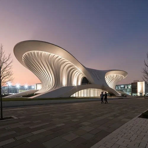 a building with people walking on a paved path,futuristic art museum,futuristic architecture,planetariums,concert hall,modern architecture,amphitheater,oval forum,velodrome,music conservatory,concert 