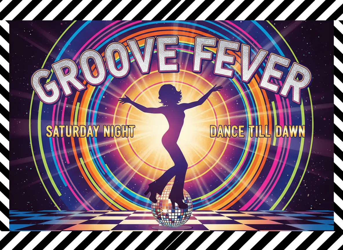 명확한 초점과 역동적인 라인을 갖춘 잘 구성된 디스코 스타일 포스터 예시. 에너지 넘치는 포스터 레이아웃을 보여줍니다.