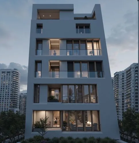 "A 15-story modern high-rise building inspired by Tadao Ando, emphasizing diverse architectural forms and sculptural massing. The design features exposed smooth concrete, a variety of interlocking vol
