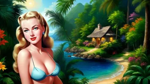 Romantic masterpiece oil painting, cute girl portrait, nostalgic 1950's style kitsch, vibrant rainforest landscape, lush tropical jungle paradise, summer beach vacation seaside cottage scenery, by Tho