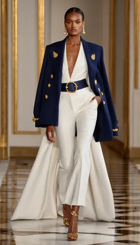 Fashion runway photography, haute couture, Ralph Lauren style, old money, navy blue, white, golden color, 8K, high resolution, high detail, smooth, hyper realistic, fine skin texture
,woman in menswea