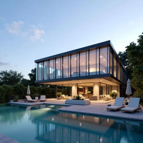 A luxurious modern villa with clean lines and expansive glass walls overlooks a serene infinity pool. The villa has a minimalist aesthetic, featuring a flat roof and soft outdoor lighting that enhance