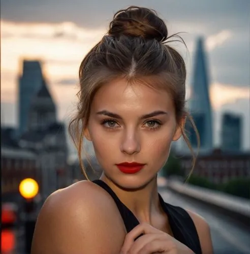 a portrait of a beautiful Caucasian young woman, 22 years old with brown hair, brown eyes, and red lips, she has her hair tied up with a bun, she is wearing a black dress with a neckline. She is stand