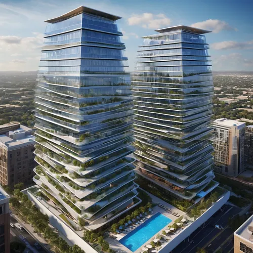 Two 14 stories, solor glass, renewable energies,  triangular outer buildings, separate 14 stories octagonal center building, three pools, one rooftop deck pool, balconies on one building,,skyscapers,r