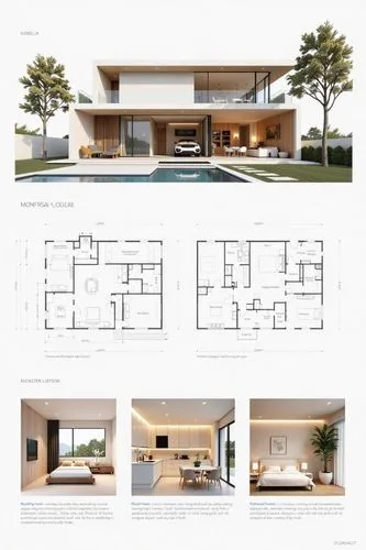 A professional architectural presentation board with a Pure background and a clean, minimalist design layout. The board includes:

Top Section: On the top left, a photorealistic render of a contempora