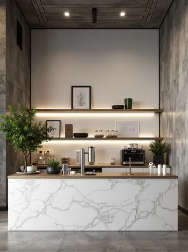Modern premium ivory porcelain coffee bar, one shelf, a coffee machine on the right side of the counter, no objects in the middle of the bar background, menus and cup holders placed on both sides of t