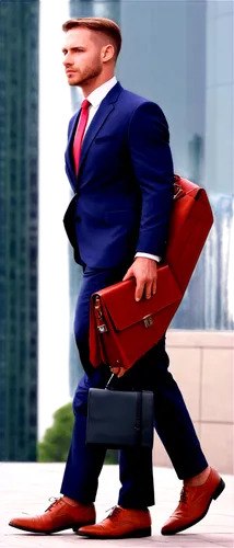 HD stock video, free download, businessman, suit, tie, briefcase, city skyscraper background, walking, confident stride, 3/4 composition, soft focus, shallow depth of field, natural light, cinematic c