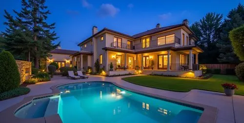 an evening view of a large home with pool,luxury home,beautiful home,pool house,dreamhouse,luxury property,mansion,crib,large home,holiday villa,modern house,two story house,country estate,private hou