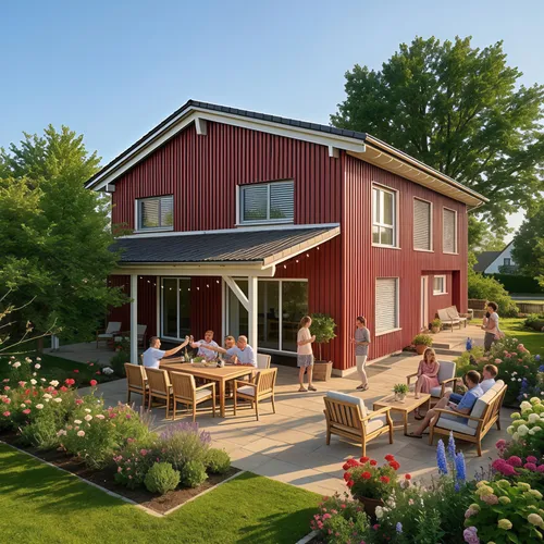 Improve resolution, brightness, colors, and contrast. Enhance people's faces.,people sit and eat outside of a red building,danish house,summer cottage,country house,red barn,country cottage,farm house