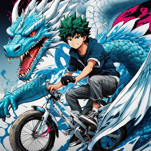 Izuku Midoreya يركب على تنين ابيض ازرق العينين,dragon of earth,dragon slayer,seat dragon,green dragon,my hero academia,dragon li,dragon,wyrm,black dragon,bike,dragon slayers,dragon fire,riding ban,nin