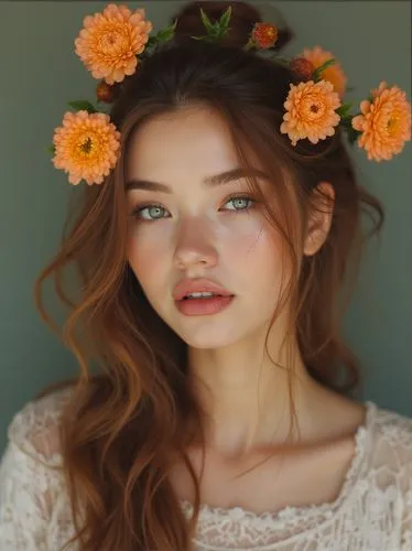 there is a beautiful woman with flowers in her ,the girl has her hair in flowers and her eyes,beautiful girl with flowers,girl in flowers,blooming wreath,flower hat,floral wreath,spring crown