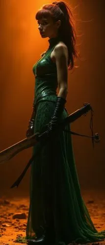 A captivating figure in a dramatic, atmospheric setting, showcasing intricate details of their outfit. The character wears a striking green attire with a snake-skin pattern, accentuated by glossy blac