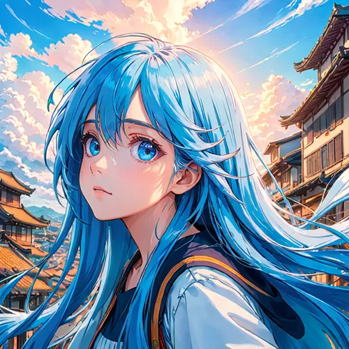 woman with long blue hair and light blue eyes looking at the sky to the left, risograph and anime painting,aqua,hatsune miku,miku,azure,2d,sky,blue heart,honolulu,would a background,cyan,blue sky,blu,