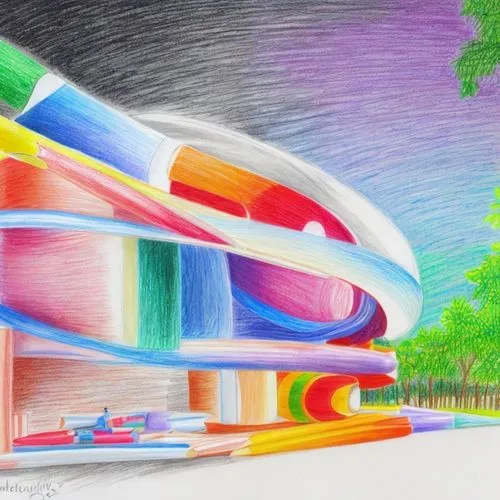 drawing colored pencils,colourful pencils,color pencil,rainbow pencil background,futuristic art museum,rainbow bridge,artistic roller skating,futuristic landscape,colored pencil background,colored cra