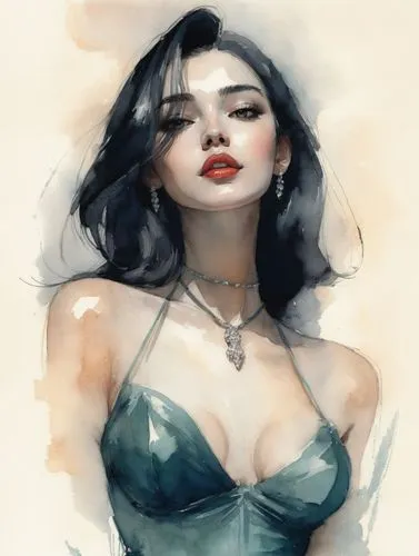 A pretty girl in an evening gown.,the painting shows a woman in green dress,watercolor pin up,digital painting,kommuna,krita,asami,retro pin up girl,Illustration,Paper based,Paper Based 05