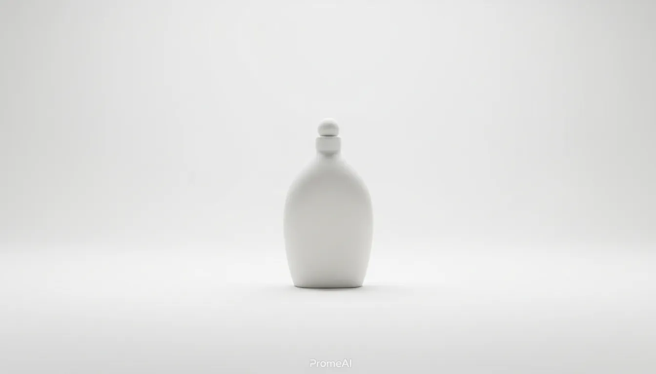 PromeAI로 제작한 미니멀리스트 하이키 포스터. 밝게 조명된 오프화이트 배경 위에 흰색 세라믹 병 하나가 놓여 있음.