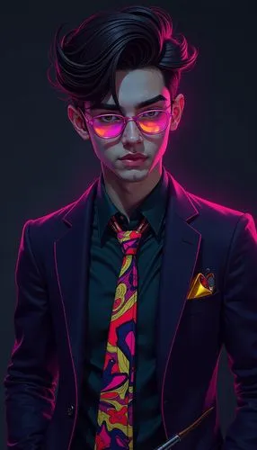 A digitally illustrated portrait of a confident, stylish boy with 25 year old boy facial features and a serious expression. The character is wearing a vibrant, neon black blazer over a dark green shir