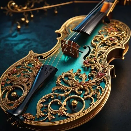 A detailed digital illustration featuring a harmonic violin machine, crafted from gold and bronze, dangles by gold threads. The central subject, expressive mechanical works, dominates the composition.