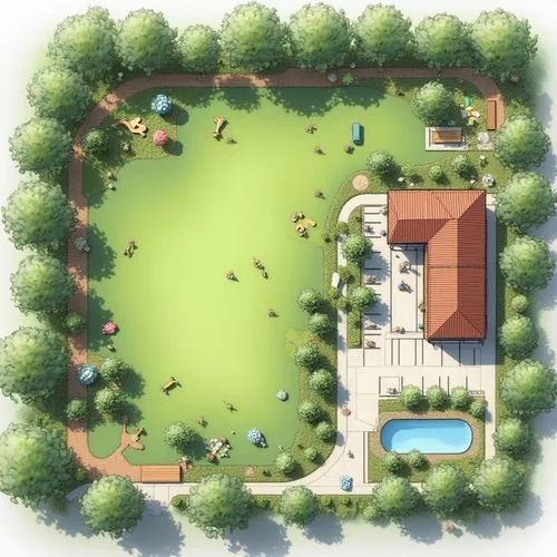 Design a blueprint for a 1-acre dog park featuring a spacious grass field for dogs to play, with designated activity areas including agility courses, a small pond, and dog-friendly equipment. Include 
