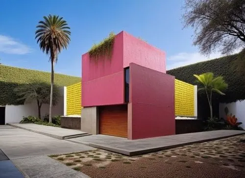 celosía arquitectónica de color amarillo vibrante, con patrón de retícula cuadrada uniforme,a house with pink, yellow and green panels,cubic house,cube house,colorful facade,modern architecture,modern