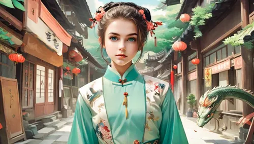 in the middle of the picture is a Chinese-style cheongsam, character design inspired by anime style, Japanese folk art, surrounded by clothing and accessories of the same style, fisheye lens, up view,