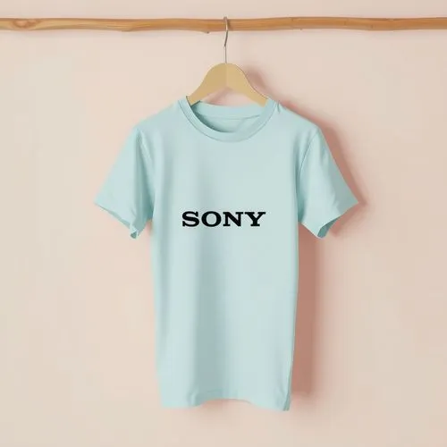 A Logo on A light blue T-shirt hanging on a natural wooden hanger, suspended against a pastel pink wall, creating a playful and modern color contrast.,an image of the shirt that reads sony on it,sony,