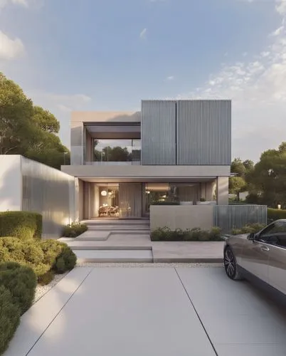 a car in front of a grey modern house,modern house,modern architecture,mid century house,3d rendering,luxury home,dunes house,Photography,General,Realistic