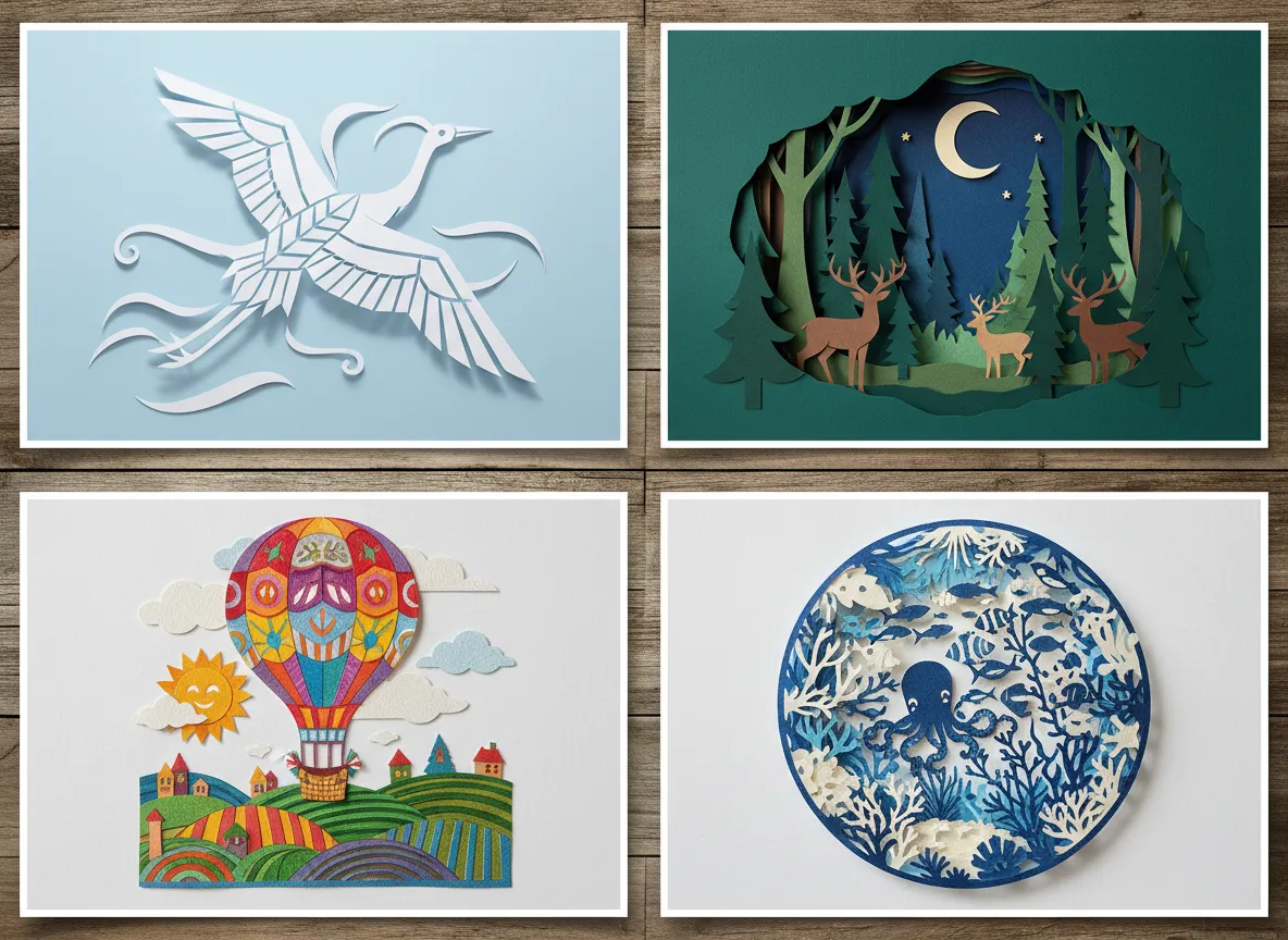 A grid of four different paper cutout illustrations, showing a variety of styles from minimalist kirigami to complex layered scenes.