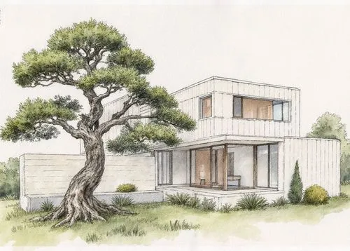 (construction floor plan: 1.3) for a modern Japanese house, architectural sketch, watercolor, trending on cg society, modernism, a huge bonsai tree, pinterest render, doll house, an extremely detailed