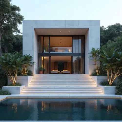 A hyper-realistic, high-resolution architectural photograph capturing a grand, ultra-modern luxury mansion at twilight. The building’s façade is composed of smooth white stone panels contrasted with s