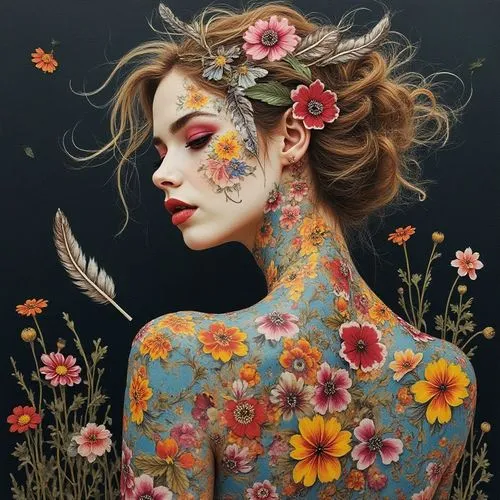 a young woman with body painted with flowers and feathers,girl in flowers,beautiful girl with flowers,body painting,flower fairy,flower painting,flower art,body art,colorful floral,flower girl,bohemia