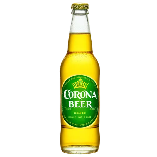 Clear glass bottle, Corona beer logo, green label, golden beer liquid, thin rim, narrow neck, rounded body, transparent glass, reflective surface, shallow depth of field, warm lighting, 3/4 compositio