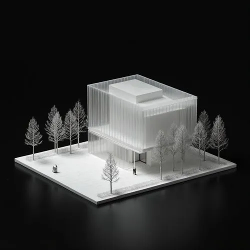 Minimalist style, viewed from an isometric Angle, on a simple black background, modern museum made of crystal, with courtyard, monochrome, close-up, transparent


,the image shows the view from above 