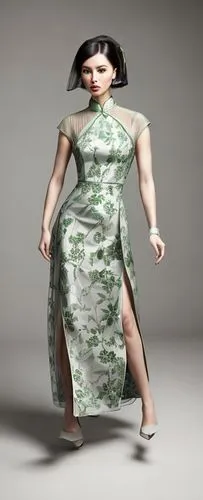 green floral a-line gown with mesh sleeves and qipao-style collar,plus-size model,dita,plus-size,kim,bjork,woman frog,dita von teese,sprint woman,dress form,fashion vector,art model,fashion design,pho