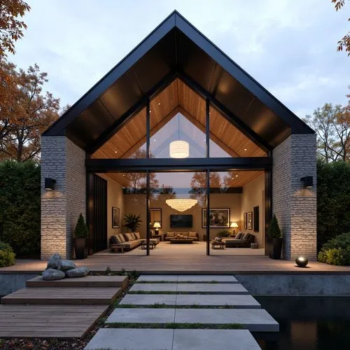 A hyper-realistic, high-resolution architectural photograph of a contemporary luxury home with a dramatic A-frame glass façade, showcasing a soaring vaulted ceiling and warm interior lighting. The str