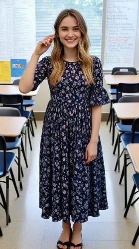 High quality photo, best face features: beautiful face, smart 23-year-old european female with a great satisfied smile, facing the camera and looking directly at it.,a girl in an empty classroom smili