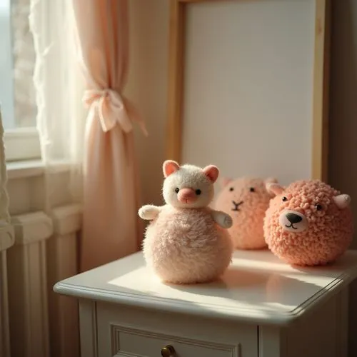 exclusive kids room elegant decoration on table ,delicate ,blured background,zoom focus
,a stuffed animal on top of a desk next to a mirror,teddies,soft toys,plush toys,stuffed toys,soft toy,cuddly to