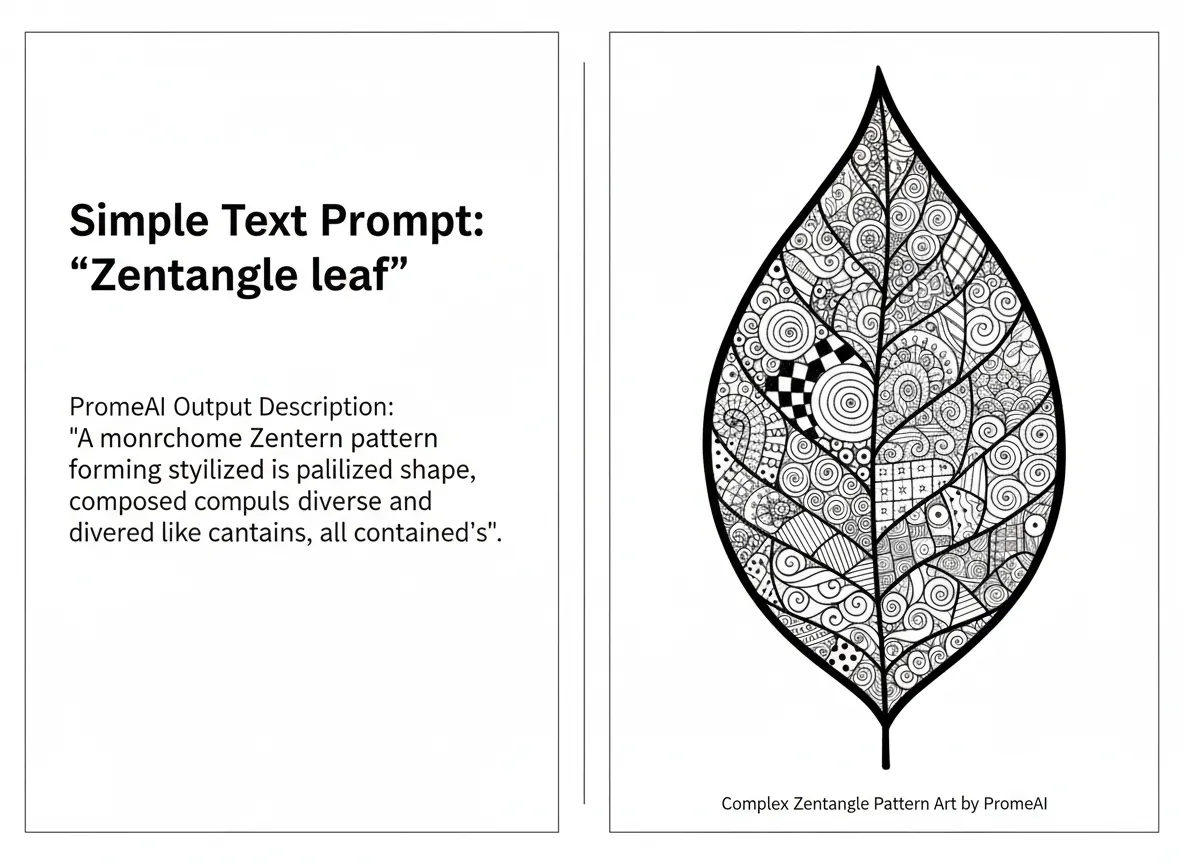 एक साथ तुलना जो एक सरल टेक्स्ट प्रॉम्प्ट और PromeAI द्वारा उत्पन्न जटिल Zentangle पैटर्न कला को दिखाती है।