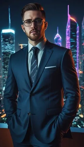 Cybersecurity expert, male, muscular build, short hair, glasses, formal wear, suit, tie, standing, in front of a futuristic cityscape, skyscraper, neon lights, complex network diagram on a large scree