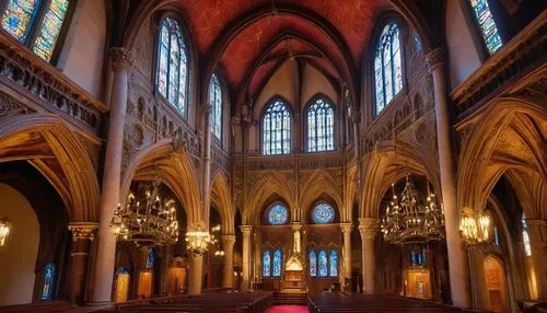 Gothic architecture, grand church, intricate stone carvings, stunning stained glass windows, ornate wooden doors, majestic pipe organ, luxurious red carpet, elegant chandeliers, high vaulted ceiling, 