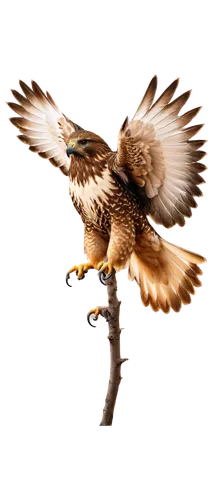 Hawk, majestic bird, spread wings, sharp talons, strong legs, brown feathers, piercing eyes, morning sunlight, soft focus, shallow depth of field, warm color tone, panoramic view, cinematic compositio