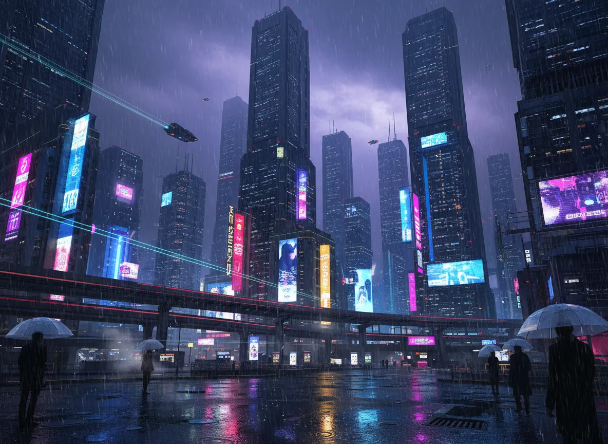 रात में एक अंधेरा, मूडी साइबरपंक शहर का बैकग्राउंड, जिसमें बारिश भविष्य की इमारतों के जीवंत नियॉन संकेतों को दर्शाती है।