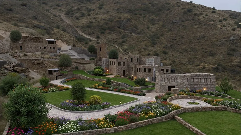 a beautiful mountain side mansion with large flowers