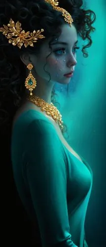 An ethereal, detailed digital illustration of a woman's face. Her elegant curls, adorned with golden earrings, blend beautifully around a dark background, emphasizing her poised demeanor. The piece is