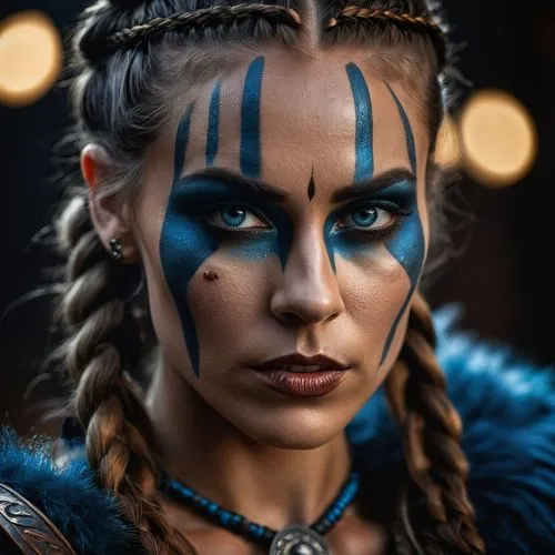 cinematic film still dramatic side lighting, dramatic intense stare closeup portrait, dark black background, hdr, dramatic beautiful warrior woman with warrior face paintings and blood, viking braids,