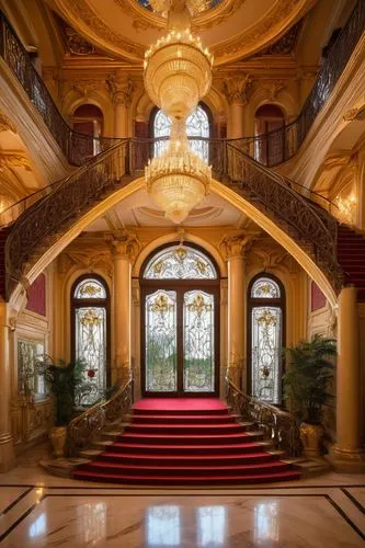 Baroque palace, Luce architecture style, grandiose, ornate decorations, golden accents, white marble columns, intricately carved stone walls, stained glass windows, majestic entrance, red carpet, velv