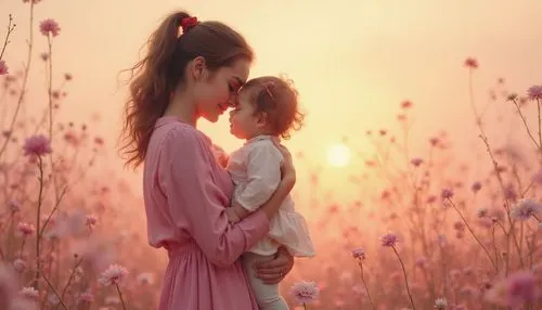 "Uma mãe segurando seu filho em um abraço caloroso, com tons suaves de rosa e branco, flores ao fundo e uma luz suave que transmite amor e proteção.",a woman is holding a baby in her lap and facing th